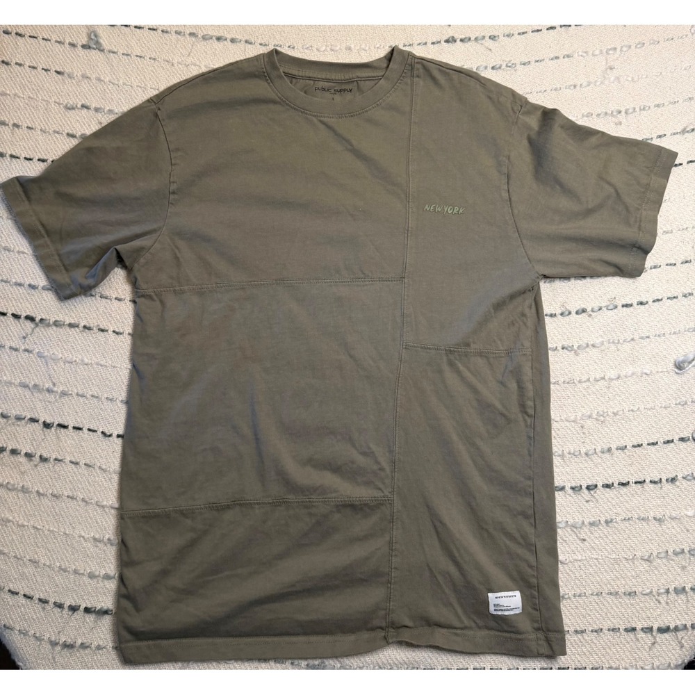Public Supply NYC Mens Large Olive Green Patchwork New York T-Shirt Cotton L